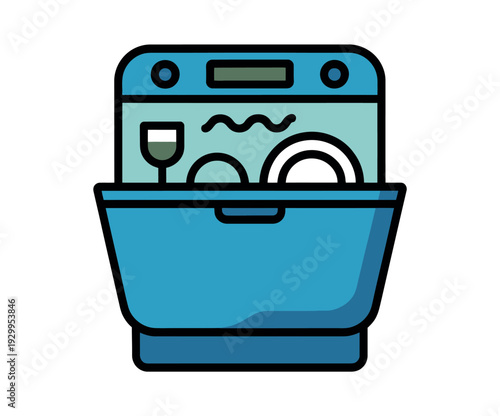 A cartoon illustration of a blue dishwasher with a digital display and open door showing clean dishes inside.