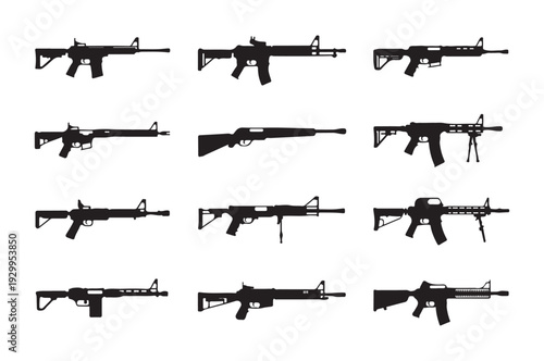Set of black silhouette assault rifle icons isolated on white background modern weapon collection vector