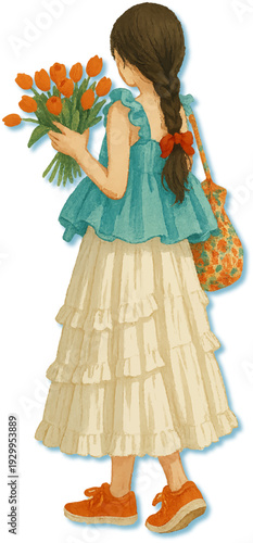 An elegant little girl wearing a fashion gown like a princess doll poses with a flower in this beauty studio art piece