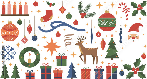 Flat vector Christmas holiday illustration set featuring ornaments reindeer gifts candles santa claus and festive winter celebration icons