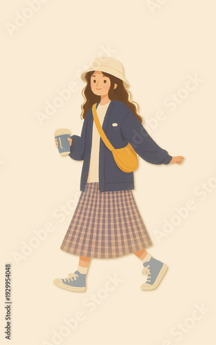 Fashion vector illustration of a smiling cartoon lady in a pink dress holding a cup of tea while carrying a shopping bag as a happy character drawing