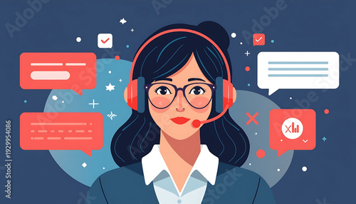 A cartoon woman wearing a headset with speech bubbles around her head, representing customer service or support