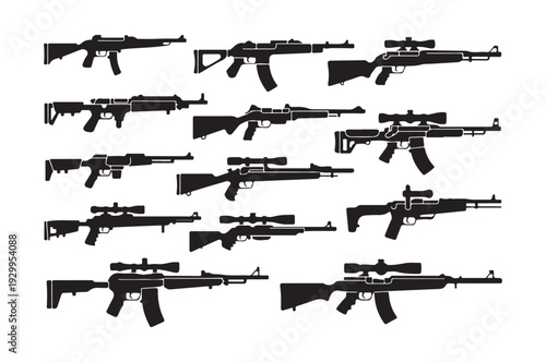 Black rifle silhouette collection with sniper scopes and assault weapons for shooting sports illustration