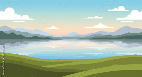 Serene landscape with rolling hills and calm lake at sunrise.