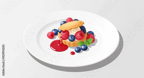 Delicious dessert with berries and sauce on a white plate.