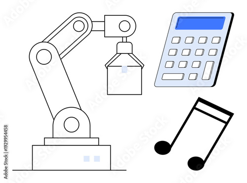 Robotics, automation, technology, industrial design, education creativity. Robotic arm calculator musical notes . Robotics and automation usage. Line metaphor. Simple line icons