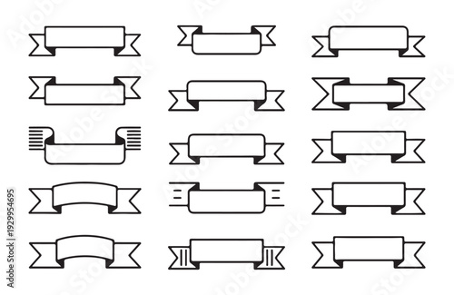 Set of 12 outline classic ribbons and banners, blank for text isolated on white background, black and white
