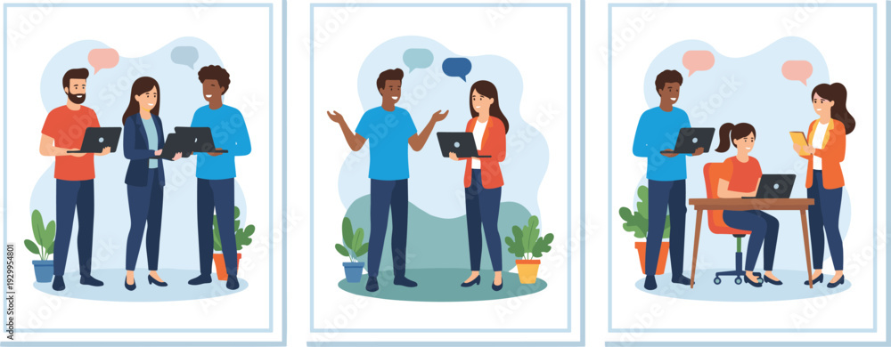 Fototapeta premium Flat vector illustration set of diverse professionals collaborating on laptops in modern office and coworking space environments