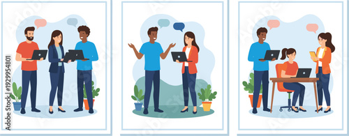 Flat vector illustration set of diverse professionals collaborating on laptops in modern office and coworking space environments