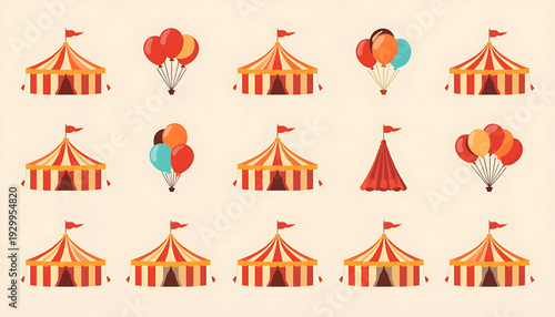 A colorful vector graphic illustration of circus tents and balloons in a flat design style