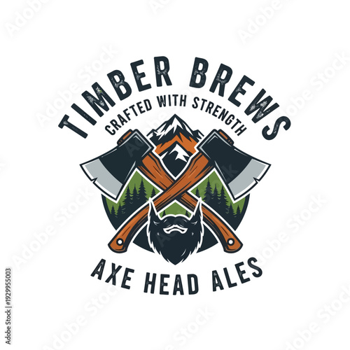 Timber Brews Axe Head Ales logo featuring crossed axes, a beard, and a mountain landscape, representing strength and craft.