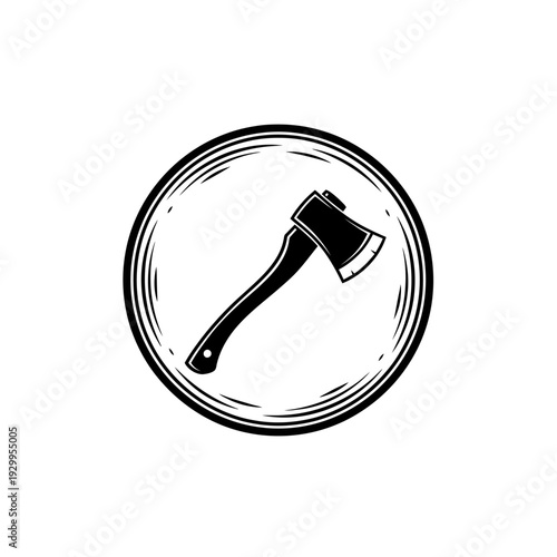 A stylized black and white illustration of an axe within a circular frame, featuring a rustic, hand-drawn aesthetic.