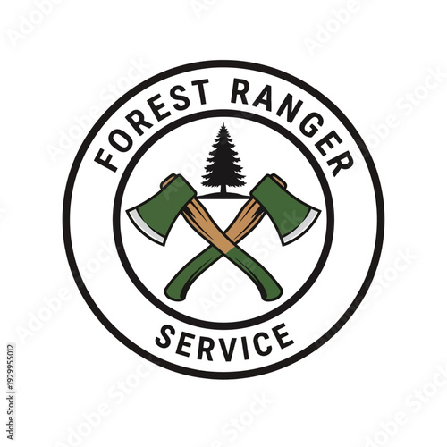 A circular emblem featuring two crossed axes and a pine tree, symbolizing forest ranger service.