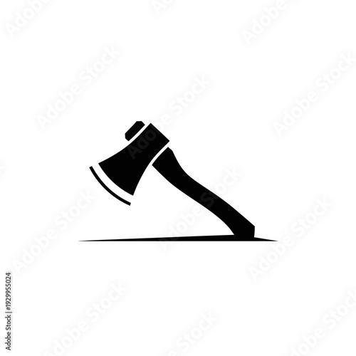 A minimalist black and white silhouette of an axe resting on a thin horizontal line.