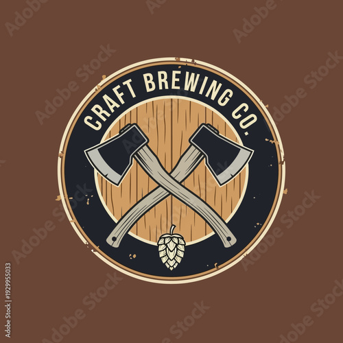 A rustic circular logo for a craft brewing company featuring two crossed axes and a hop cone, set against a wooden background.