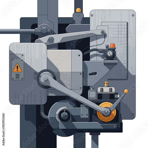 Industrial machinery equipment with safety warning signs and mechanical components.