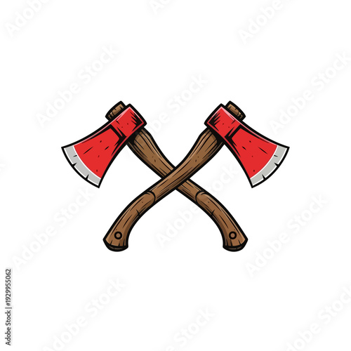 Two crossed red-headed axes with wooden handles, depicted in a stylized illustration on a white background.