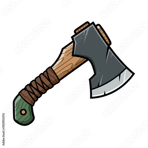 A stylized illustration of a battle axe with a wooden handle wrapped in brown cord and a dark gray metal head.
