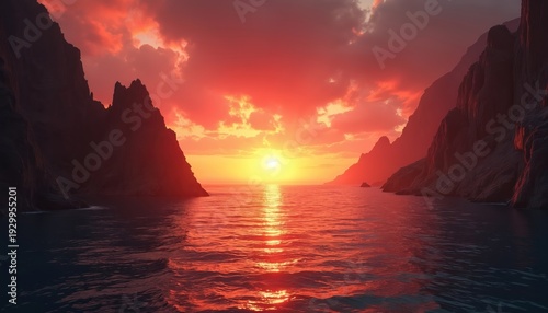 Rocky cliffs meet calm sea water during vibrant orange red sunset. Sun reflects on ocean surface creating dramatic lighting on serene seascape. Evening sky glows fiery.