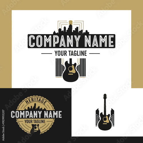 Guitar Logo Design Templates with City Skyline and Sound Waves.