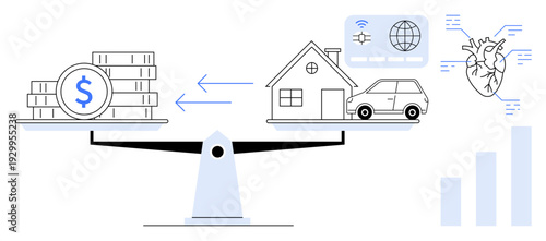 Financial trade-off concept. Scales balancing money with assets thumbs up house and car. Financial trade-off decisions affect wealth management and future planning. For investments, economy, savings