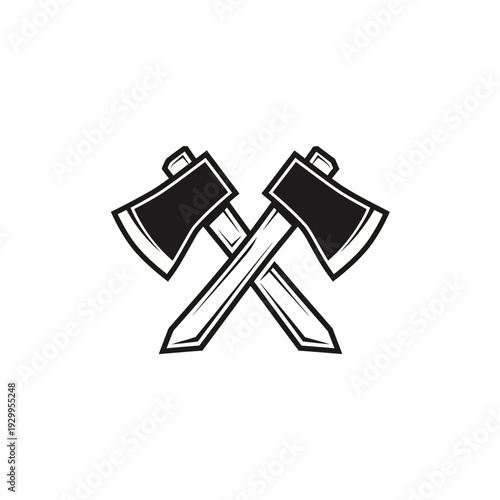 Two crossed axes with sharp blades and wooden handles, presented in a bold, graphic style.