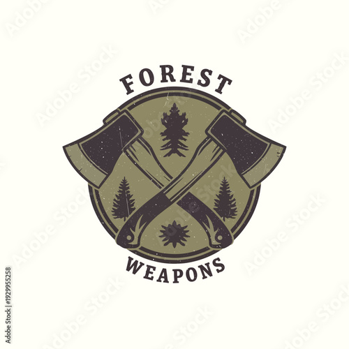 Vintage emblem featuring two crossed axes and stylized pine trees, representing forest weaponry and outdoor adventure.