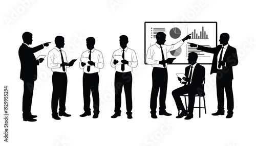 Business professionals discussing data and graphs in a meeting.