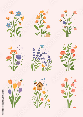 Set of floral elements featuring a vector nature design with summer garden flowers, green leaves, and butterfly silhouettes in a spring blossom bouquet illustration