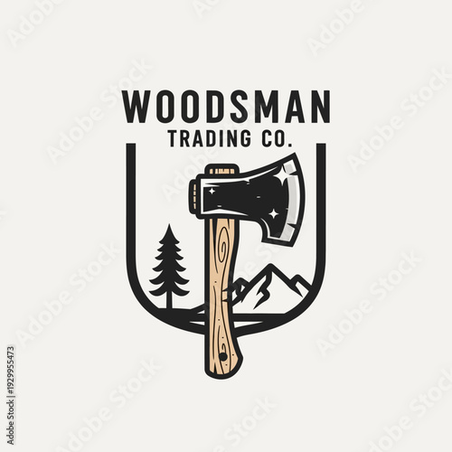 Woodsman Trading Co. logo with axe and forest landscape.
