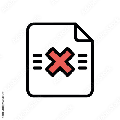A graphic illustration of a document with a red X marked through it on a white background