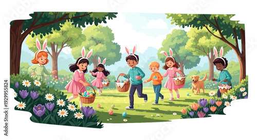 Happy Kids Easter Egg Hunt in Park Springtime Fun