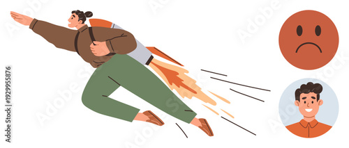 Achievement, personal growth, startup innovation, motivation, emotional intelligence, decision-making. A person flying with a rocket backpack, sad and happy faces beside. Achievement and personal