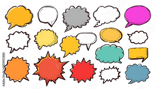 A colorful collection of cartoon speech bubbles and thought clouds in various shapes and sizes