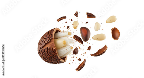 Exploding cedar pine cone with flying pine nuts and shattered shell pieces, isolated on white background