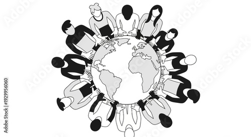 Diverse people unite around the globe symbolizing global community and connection.