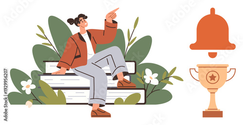 Education, achievement, motivation, awards, goals, learning process. Person sitting on stacked books pointing upward. Achievement and education concept with trophy and bell symbol
