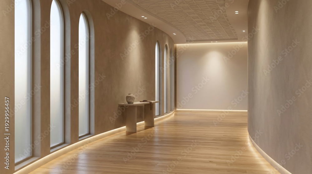 Fototapeta premium Modern hallway with arched windows and ambient lighting