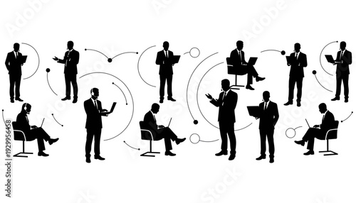 Silhouettes of business professionals in various poses and interactions.