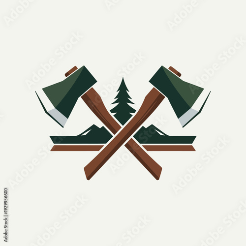 Crossed Axes with Mountains and Tree Emblem Design.