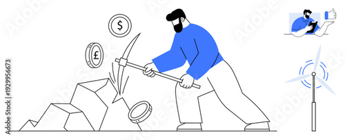 Cryptocurrency mining, renewable energy, digital economy, eco-friendly technologies, financial growth, digital devices. Man mining cryptocurrency with pickaxe, coins, wind turbine small digital