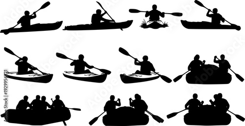 Kayaking and Rafting Silhouettes vector black and white on white background