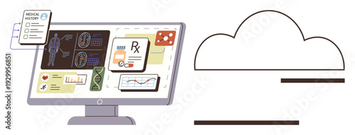 Digital health, telemedicine, data analysis, cloud storage, medical record management, diagnostics. Computer displaying medical charts. Digital health and telemedicine concept