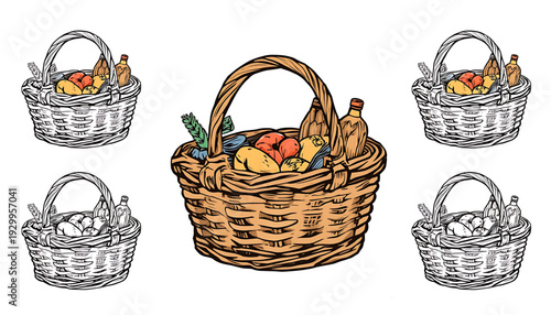 A colorful illustration of a wicker basket filled with fresh produce and surrounded by similar baskets in various line art styles.