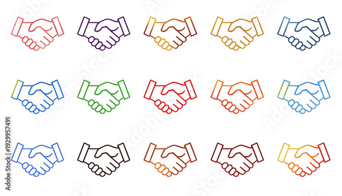 A colorful vector graphic illustration of multiple handshake icons in different colors and styles