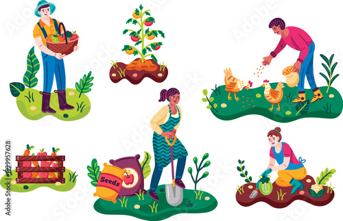 Collection of vibrant flat illustrations showing diverse farmers engaged in agricultural activities like harvesting, feeding poultry, planting seeds, and carrying fresh produce.