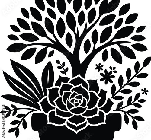 Decorative botanical composition silhouette vector illustration, potted succulent and leafy tree arrangement, black floral design isolated on white background for wall art