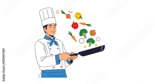 A professional chef in a white uniform and blue apron tosses a variety of colorful sliced vegetables from a black frying pan into the air.