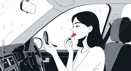 A woman with dark hair sits inside a car and applies red lipstick while looking into a small hand mirror during a rainy day outside.