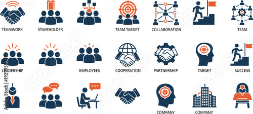 Two-tone business icons for corporate strategy teamwork leadership and professional success concepts for presentation slides
